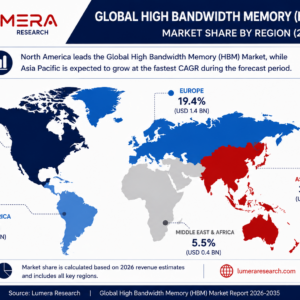 Global High Bandwidth Memory (HBM) Market share by region highlighting North America, Europe, Asia Pacific, Latin America, and Middle East & Africa with 2026 market estimates.