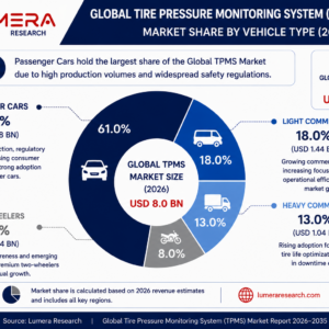 Global Tire Pressure Monitoring System TPMS market share by vehicle type showing passenger cars, light commercial vehicles, heavy commercial vehicles, and two-wheelers in 2026.